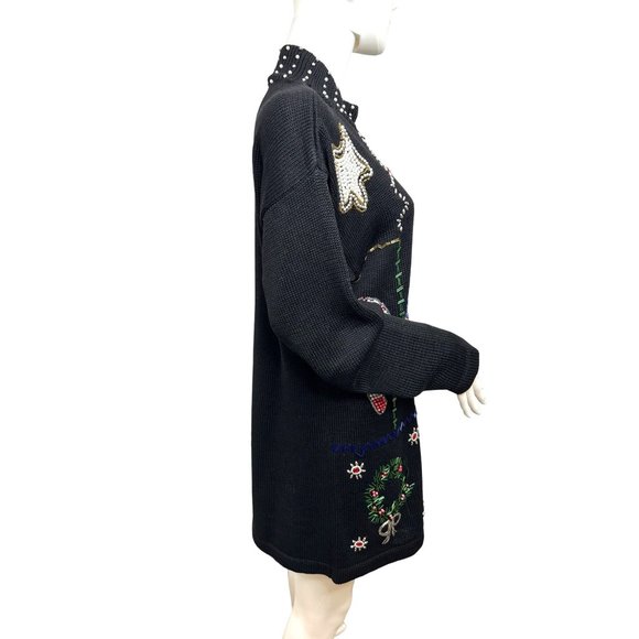Christmas Tunic Sweater Victoria Jones Vintage 90’s M/L Black Beaded Pearls Mock - Picture 5 of 17